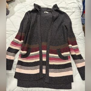 Maurices Charcoal Hooded Open-Front Cardigan with Pink & Burgundy Stripes